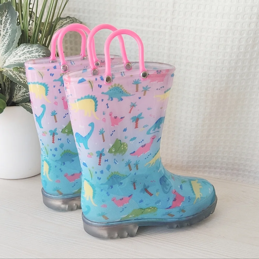 Kooshyshoo Girls Blue, Pink Gradient Light Up Dinosaur Rain boots Size 10